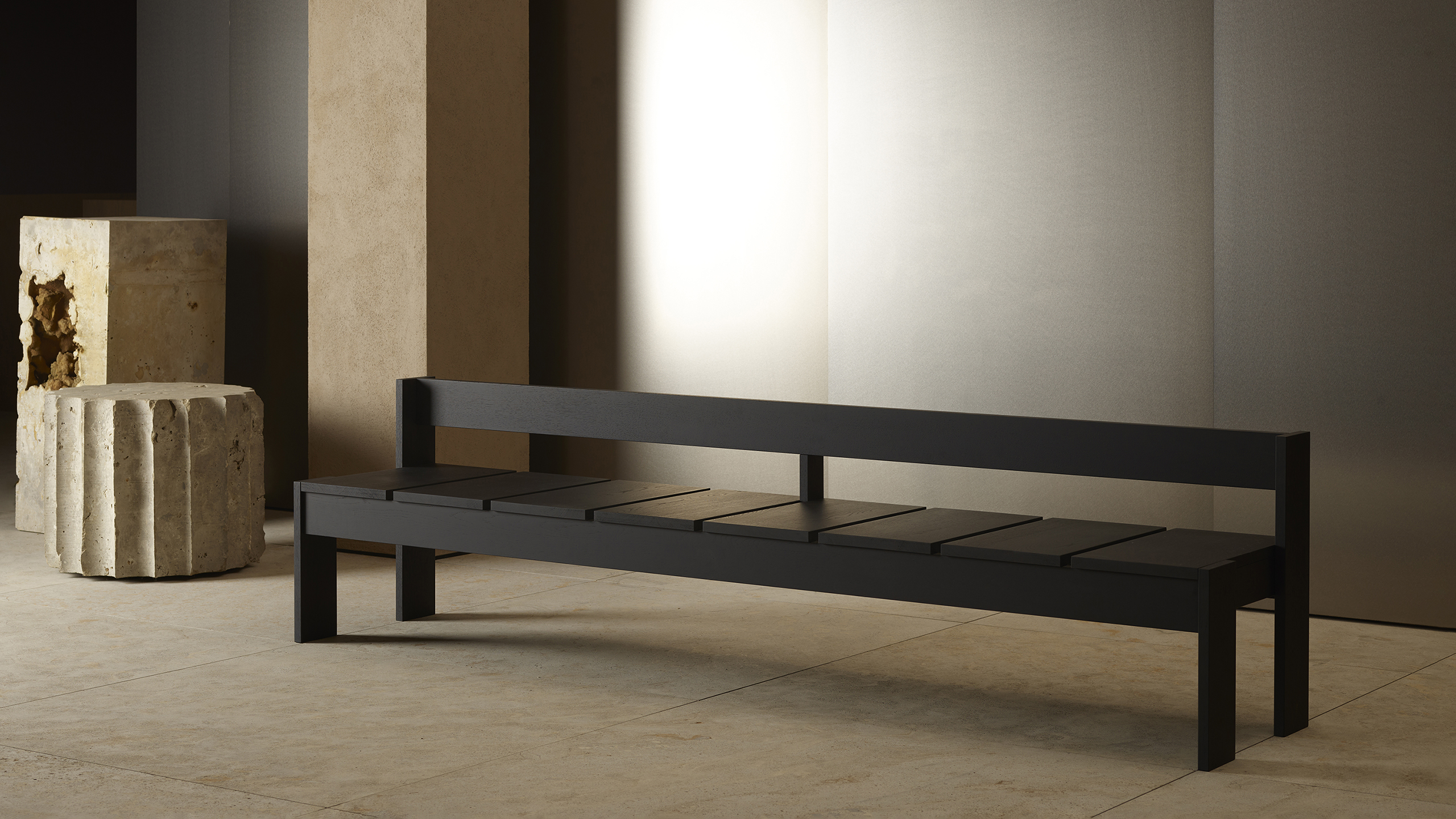 Long, black oak, welcome bench of Foeppl Collection by Relvaokellermann for Holzrausch Editions.